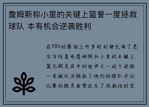 詹姆斯称小里的关键上篮曾一度拯救球队 本有机会逆袭胜利