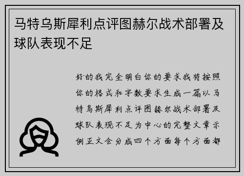 马特乌斯犀利点评图赫尔战术部署及球队表现不足